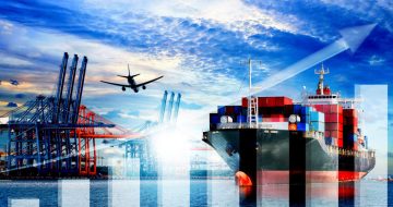 Logistics and transportation of International Container Cargo ship and cargo plane in the ocean at twilight sky, Freight Transportation, Shipping