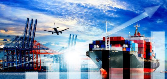 Logistics and transportation of International Container Cargo ship and cargo plane in the ocean at twilight sky, Freight Transportation, Shipping